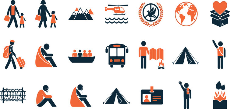 Refugee Crisis, Humanitarian Aid line icon set. Vector pictograms of migration, relief efforts, global support, displaced person ID card, tent shelter, family immigration thin linear illustration
