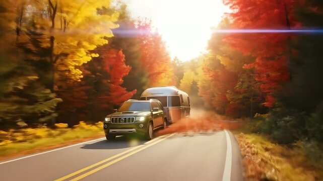 Autumn road trip, SUV car towing travel trailer on road with colorful trees, road trip travel lifestyle, RV camping, autumn getaway, exploration, tourism and adventure concepts.