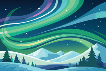 Minimalist landscape vector with northern lights aurora borealis over snowy mountains and evergreen trees in winter night