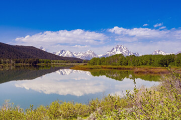 Scenic view of snow capped mountains in the Grand Teton National Park reflected in the still waters of a lake. No people.