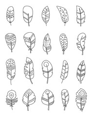 Feather decorative set in outline line art with decoration tribal symbols and traditional shape for your illustration and natural ethnic themed design projects