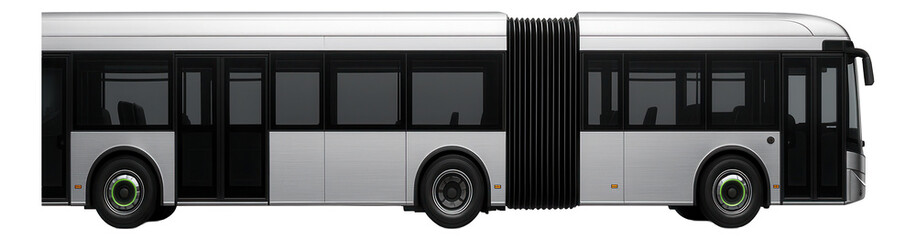 Articulated bus with front and rear sections connected by a black bellows