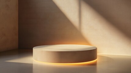 Minimal Beige Podium with Warm Morning Light and Subtle Shadows.