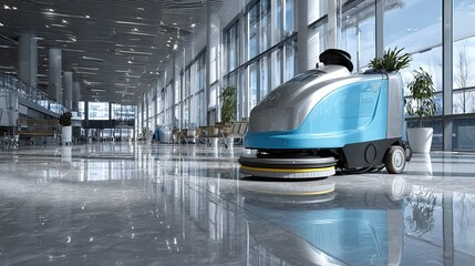 A cleaning robot polishes a gleaming floor in a modern building
