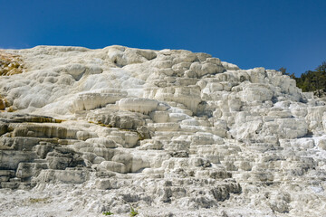 Scenic landscape view of the Travertine Terraces at Mammoth Hot Springs in Yellowstone National Park