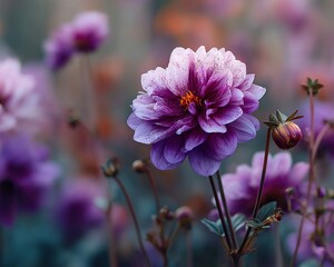 A close-up of a delicate, purple flower in soft focus