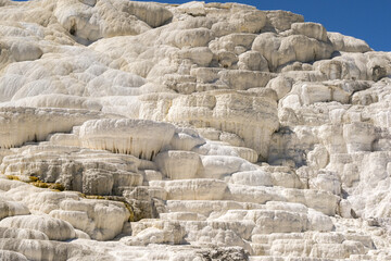 Scenic landscape view of the Travertine Terraces at Mammoth Hot Springs in Yellowstone National Park