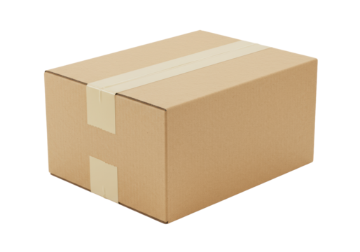 Pristine new rectangular brown cardboard shipping box, corrugated, sharp edges, sealed with beige tape, on a clean transparent studio background with ample negative space. High-angle, bright studio - Powered by Adobe