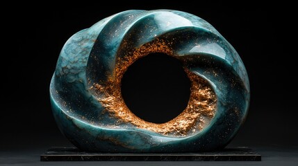 Teal and Gold Abstract Sculpture with Intricate Spiral Design.