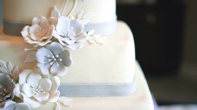 Elegant tiered cake decorated with flowers and gray ribbon