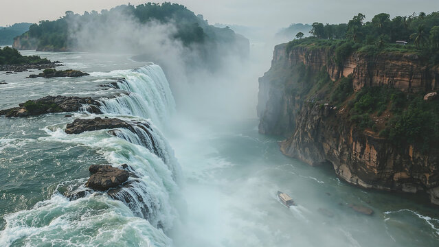 Dawn view of Dhuandhar Falls at Bhedaghat with misty cascades through marble cliffs, swirling Narmada river, lush vegetation, and a boat silhouette&mdash;ultra-high-resolution.