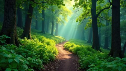 Fototapeta premium A winding, uphill path through a lush forest symbolizes the challenging yet rewarding journey of cultivating patience The destination remains unseen, emphasizing the process itself , hope, shadows