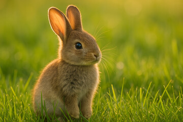 Fototapeta premium A cute brown bunny with long ears is in a green meadow