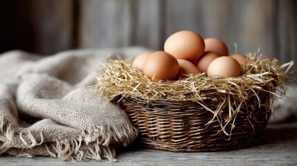 Rustic wicker basket filled with fresh brown eggs nestled in straw, placed on a wooden table with a soft burlap cloth, evoking a warm and cozy farmhouse atmosphere.