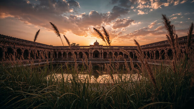 Illustration of Dramatic sunset view of Rang Ghar or Talatal Ghar with Ahom-era brick architecture, reflective pool, and swaying grasses&mdash;rich in history, texture, and cinematic tones.

