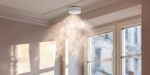 Ceiling-mounted smoke detector in bright room with natural sunlight. Visible smoke particles rise toward the sensor, highlighting safety and fire prevention in modern home interior.