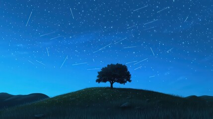 Lone Tree Silhouette Under a Starry Night Sky with Shooting Stars