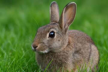 Adorable Wild Rabbit in Lush Green Grass A Close-Up Nature Photograph
