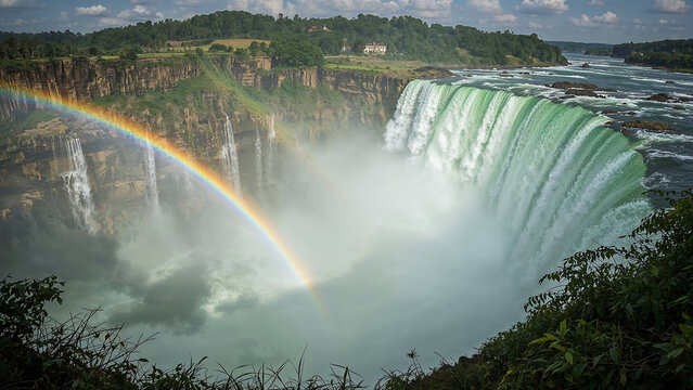 Wide-angle monsoon view of Chitrakote Falls with a rainbow, silky water flow, and lush green cliffs&mdash;captured in golden light with high-resolution, professional detail