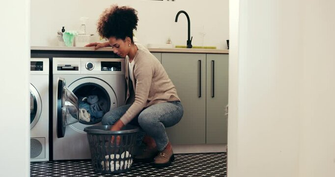 Clothes, loading and cleaning with woman and washing machine for fabric, basket and linen. Laundry, housekeeping and cloth with person in washroom of home for cleaner, dryer and domestic chores