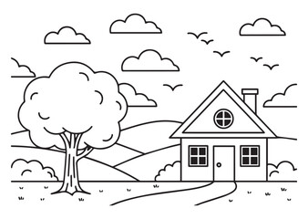 A black and white line drawing of a house in the countryside