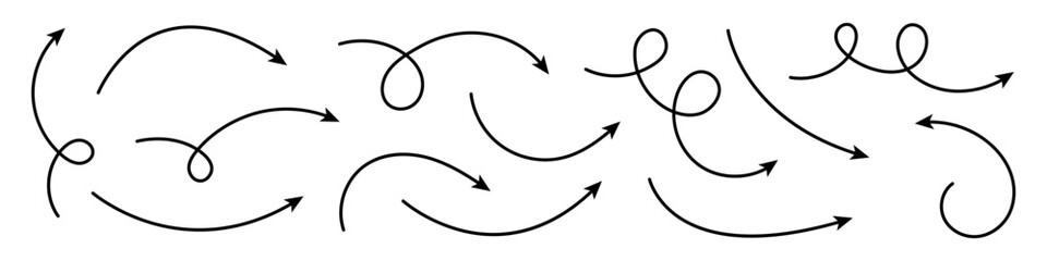 Curved Arrows and Twisted Hand Drawn Arrows. Collection of Doodle Arrows.