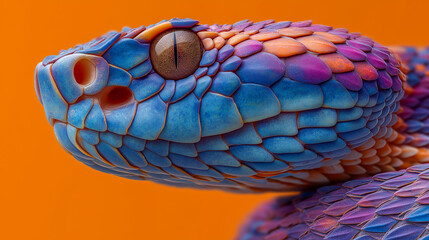 Close-up of a brightly colored snake with vivid blue and purple scales on an orange background