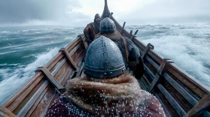 POV view from Viking longboat sailing rough sea, warriors in fur armor facing stormy waves