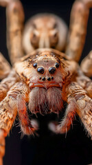 Extreme macro of a hairy spider face with intense eye detail on a dark dramatic background