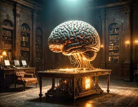 Leuchtendes, futuristisches Gehirn in einem opulenten, historischen Studierzimmer voller B&uuml;cher und Technologie, symbolisiert Wissen und Innovation