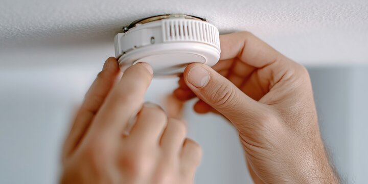 Close-up of male hands installing smoke detector on ceiling. Concept of home safety, fire prevention, maintenance and emergency alert system. White modern interior, security detail.