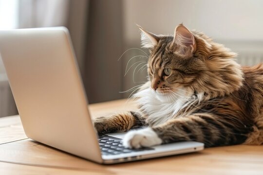 Fluffy cat working on laptop: smart pet using computer - Powered by Adobe