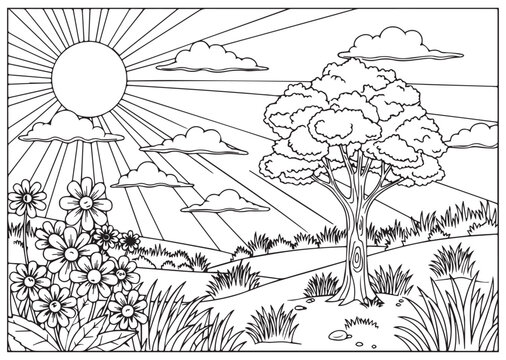 A black and white coloring page of a sunny landscape scene