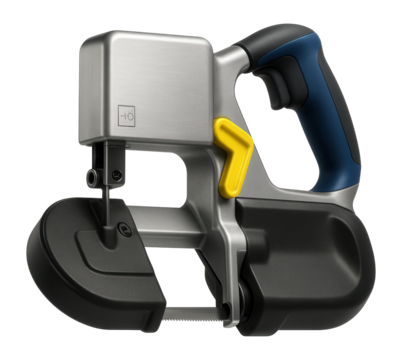 Compact bandsaw with a lightweight aluminum body and a quick-release blade tension lever for mobile repair services