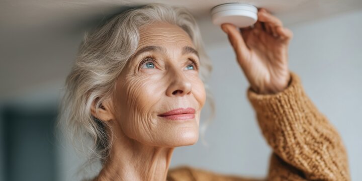 Elderly woman testing smoke detector on the wall in cozy home. Close-up of safety check, senior care, fire prevention, and home security routine in warm domestic environment.
