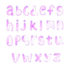 Lowercase English letters A-Z glowing purple. On an isolated transparent background. Template for banner, poster, etc.