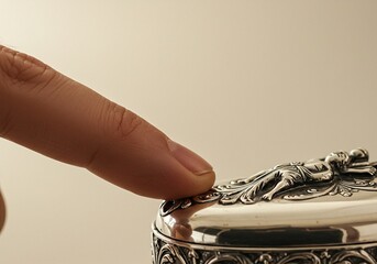 Delicate Touch on Ornate Silver: Close-Up of a Finger Gently Interacting with an Intricately Designed Antique Silver Box, Highlighting Craftsmanship, Precious Objects, and a Sense of History.