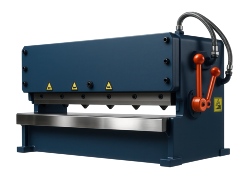 Industrial guillotine shear with a reinforced blade and hydraulic control for heavy metal processing in a structural steel plant