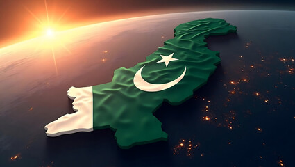 3D Map of Pakistan with National Flag Draped Over Country Viewed from Space with Sunrise and City Lights – AI-Generated
