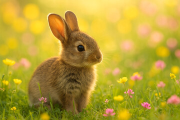 Adorable Bunny Rabbit in a Sunlit Meadow of Spring Flowers