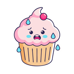 Nervous Cupcake Vector Icon – Kawaii Dessert with Sweat Drop and Frown