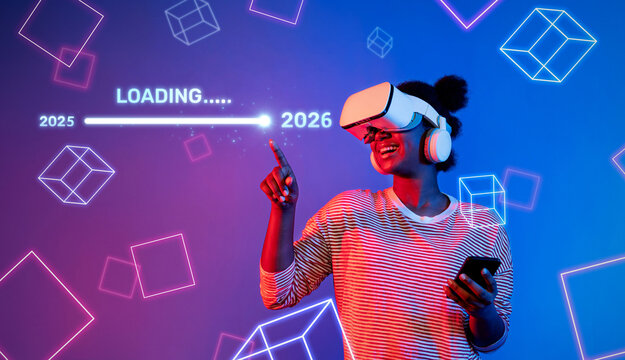 A cheerful young woman enjoys an engaging virtual reality experience, with a loading bar visually representing the transition from 2025 to 2026 in a colorful digital setting. XDMCP