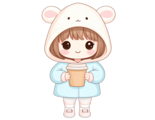 kawaii girl in oversized hoodie holding coffee, pastel colors, transparent background