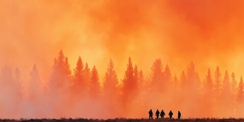 Silhouettes of firefighters walking through dense orange smoke in a burning forest. Dramatic wildfire scene with tall pine trees, intense haze, and atmospheric lighting.