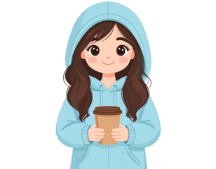 kawaii girl in oversized hoodie holding coffee, pastel colors, transparent background