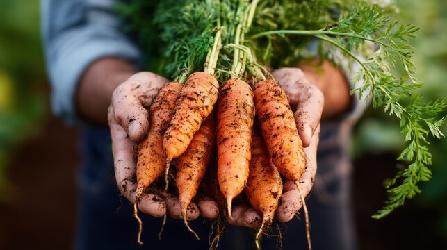 Freshly harvested carrots with soil still on roots held in farmer’s hands. Natural background with green foliage emphasizes organic farming, gardening, and healthy food themes. - Powered by Adobe