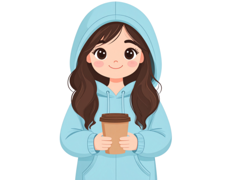 kawaii girl in oversized hoodie holding coffee, pastel colors, transparent background