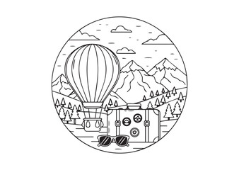A hot air balloon, suitcase, and sunglasses sit in a mountain landscape