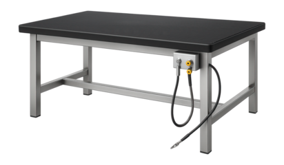 Anti-static workbench with a grounding kit and rubberized surface for an electronics manufacturing plant