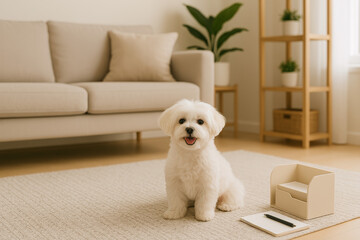 A cute maltese puppy sitting on a carpet in a living room